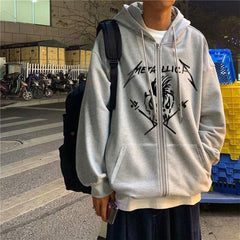 Metallica Skull Baskılı Oversize Fermuarlı Gri Unisex Kapüşonlu Hırka