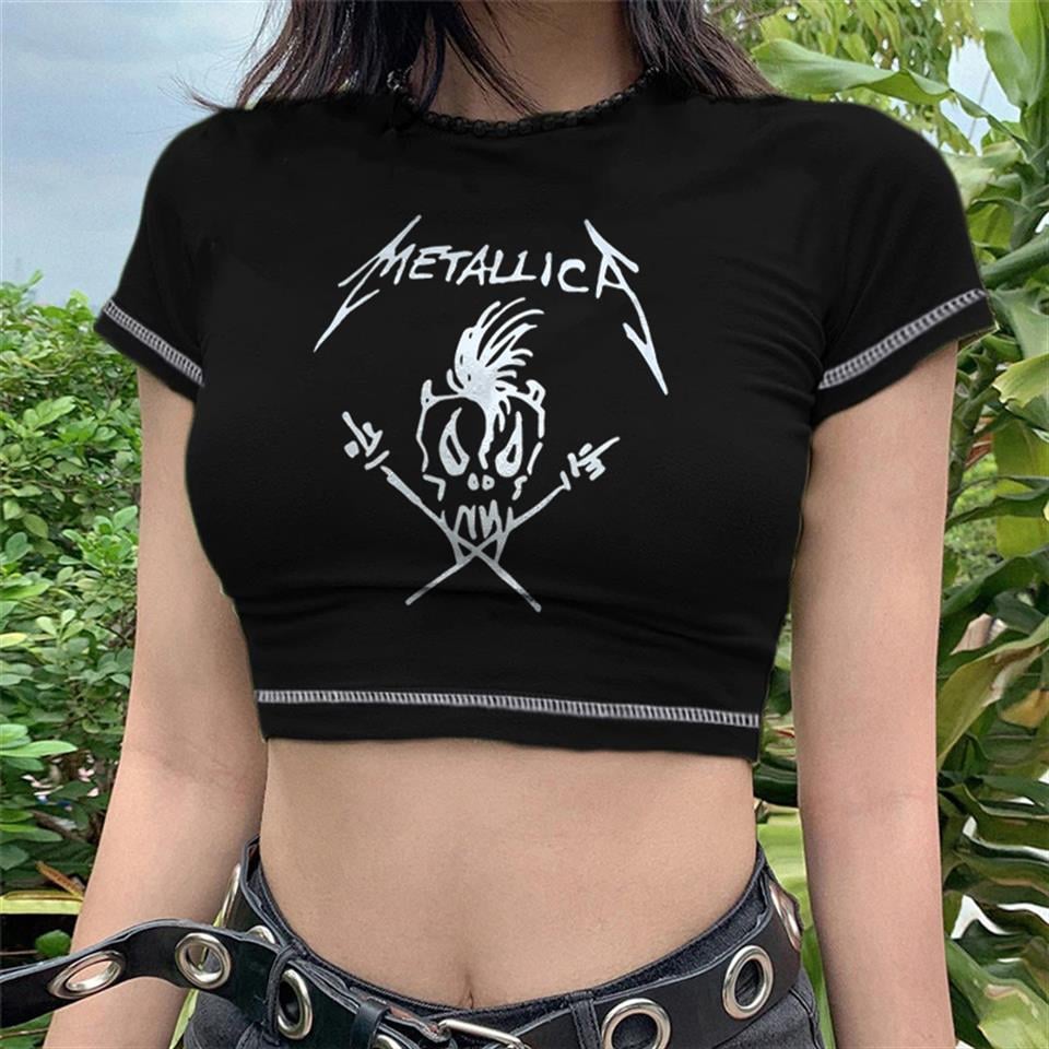 Metallica Skull Baskılı Ters Dikiş Siyah Crop