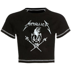 Metallica Skull Baskılı Ters Dikiş Siyah Crop