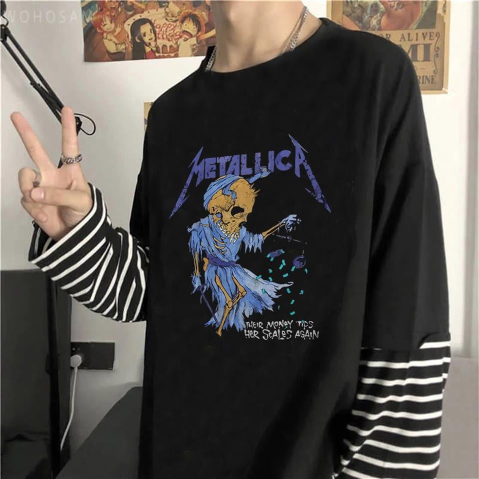 Metallica Skull Money Baskılı Fake Sleeves Unisex Siyah T-shirt