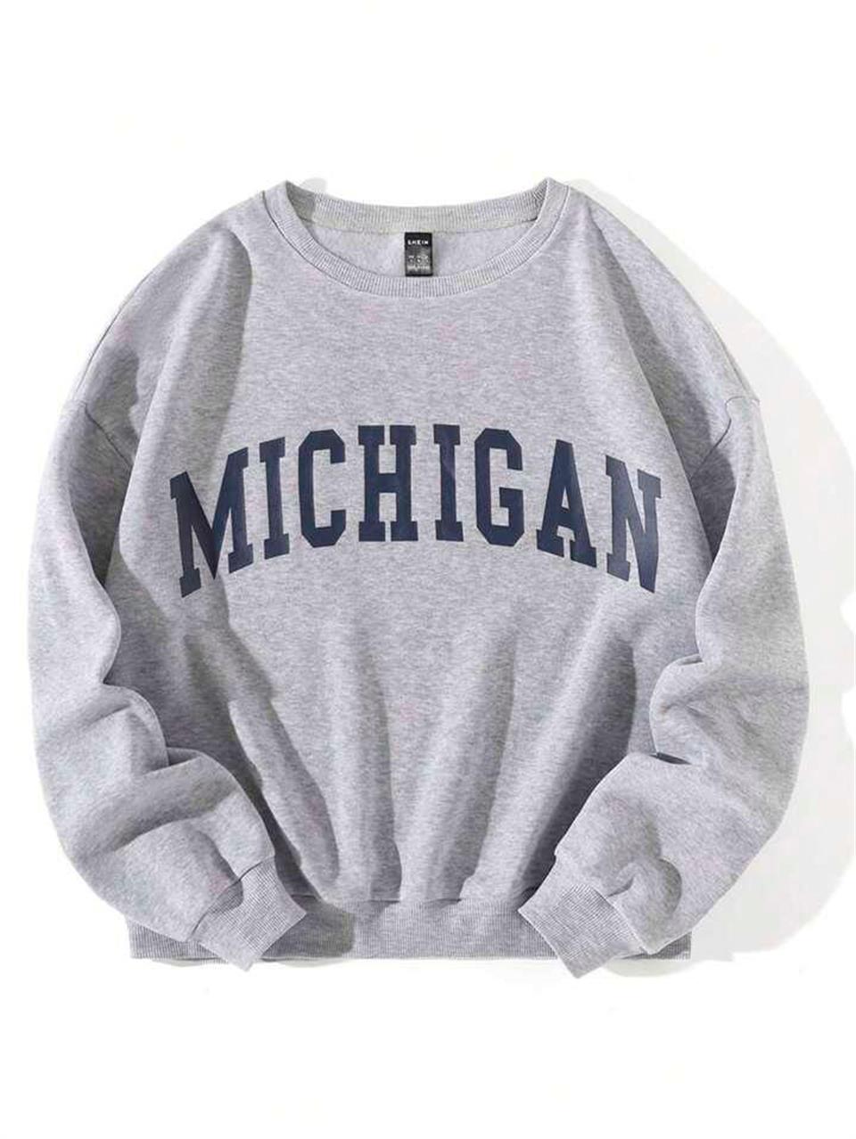 Michigan Baskılı Gri Unisex Oversize Bisiklet Yaka Sweatshirt