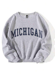 Michigan Baskılı Gri Unisex Oversize Bisiklet Yaka Sweatshirt