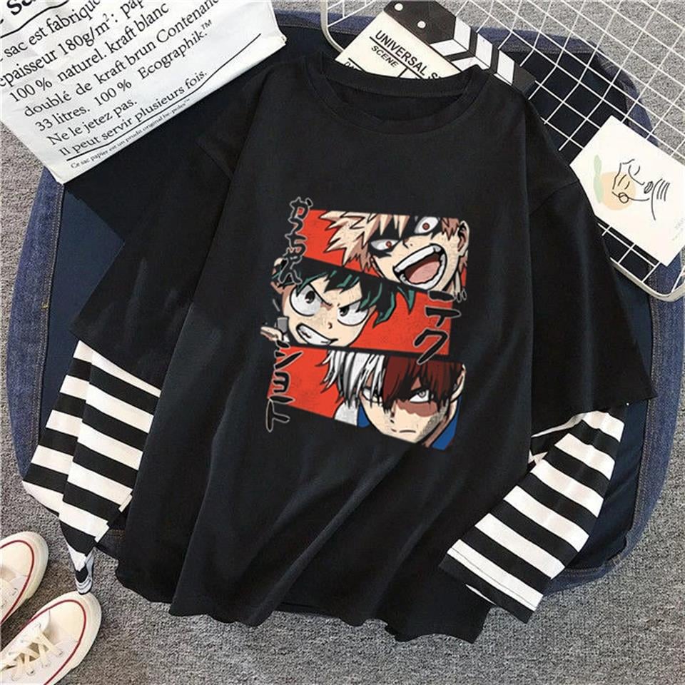 My Hero Academia Collage Baskılı Fake Sleeves Unisex Siyah T-shirt