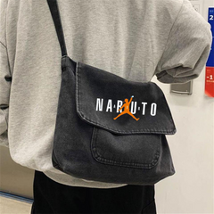 Naruto Baskılı Vintage Unisex Gri Kot Postacı Çantası