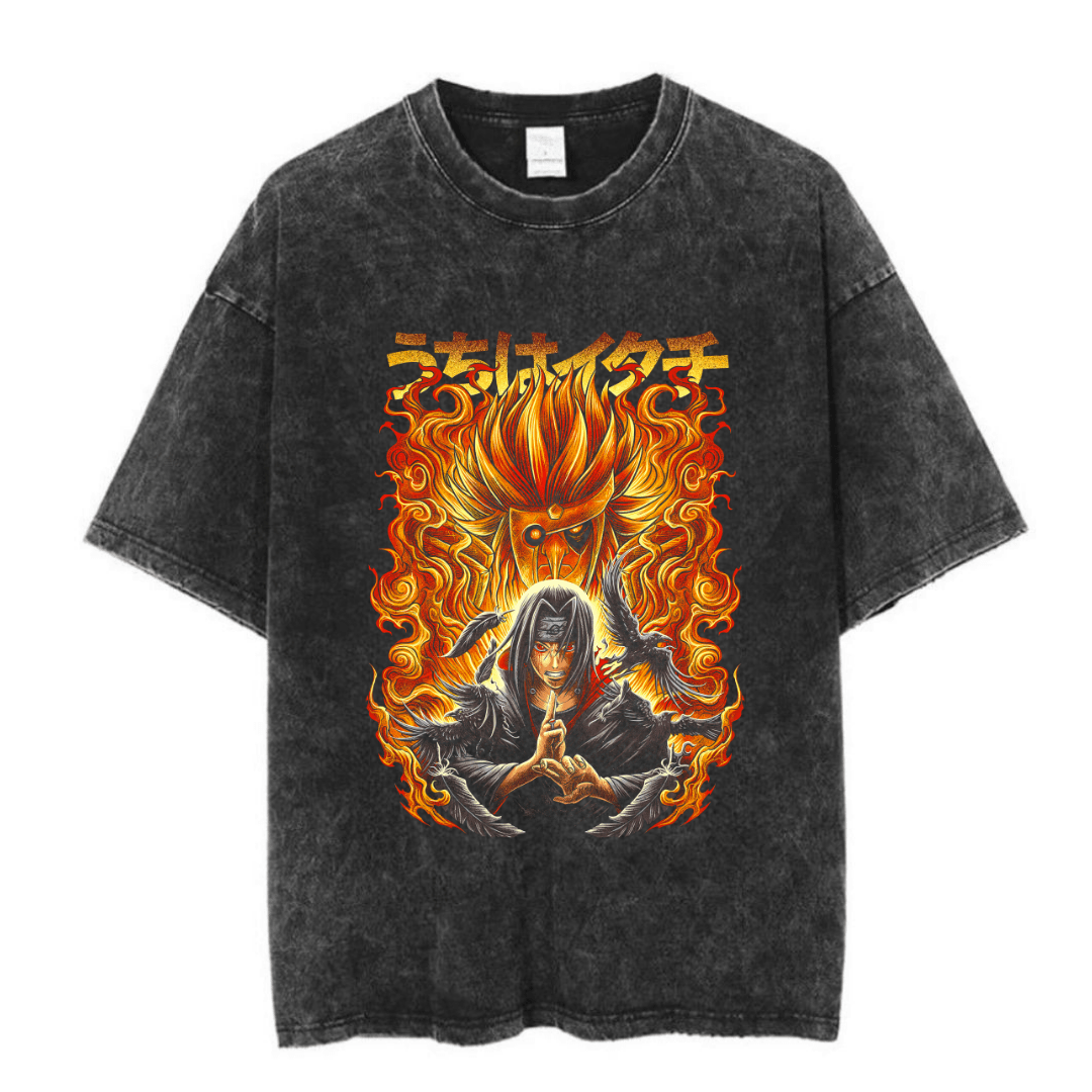 Yıkamalı Anime Naruto Itachi Baskılı Unisex Oversize Vintage T-shirt