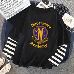 Nevermore Academy Baskılı Fake Sleeves Unisex Siyah T-shirt