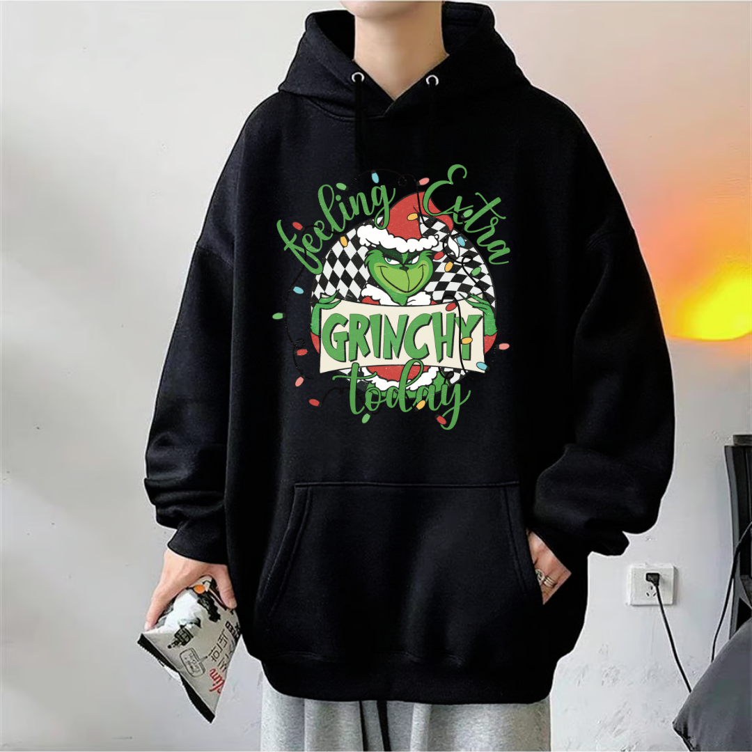 New Christmas Baskılı Siyah Unisex Oversize Kapüşonlu Sweatshirt