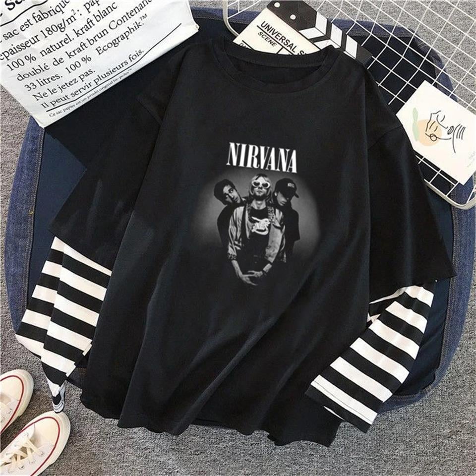 Nirvana Artists Baskılı Fake Sleeves Unisex Siyah T-shirt