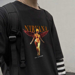 Nirvana In Utero Baskılı Fake Sleeves Unisex Siyah T-shirt