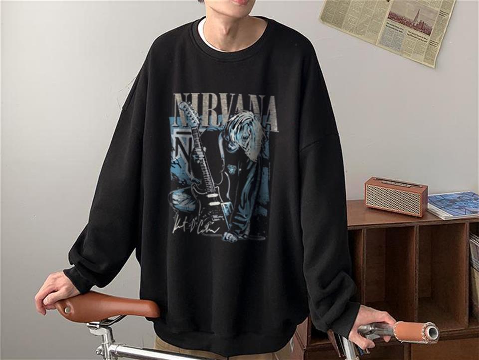 Nirvana Poster Baskılı Siyah Unisex Oversize Bisiklet Yaka Sweatshirt