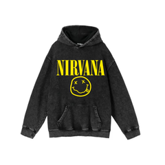 Yıkamalı Kumaş Rock Serisi Nirvana Kapüşonlu Hoodie Sweatshirt