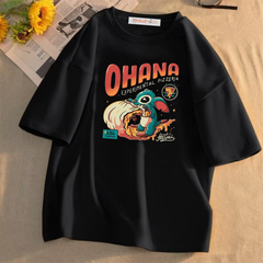 Ohana Baskılı Siyah Oversize Unisex T-Shirt