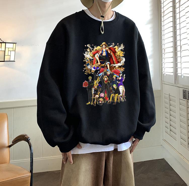 One Piece All Characters Baskılı Siyah Unisex Oversize Bisiklet Yaka Sweatshirt