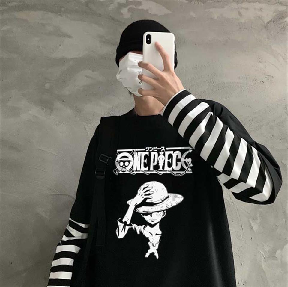 One Piece Baskılı Fake Sleeves Unisex Siyah T-shirt