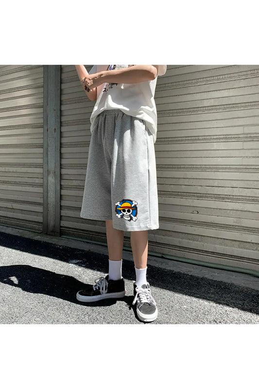 One Piece Baskılı Gri Unisex Penye Şort