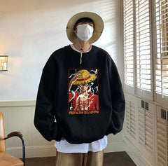 One Piece Monkey D Luffy Baskılı Siyah Unisex Oversize Bisiklet Yaka Sweatshirt