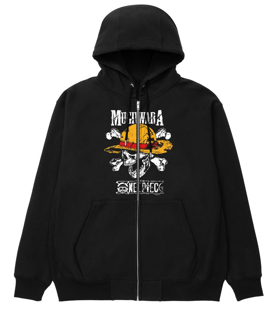 One Piece Mugiwara Baskılı Oversize Fermuarlı Siyah Unisex Kapüşonlu Hırka