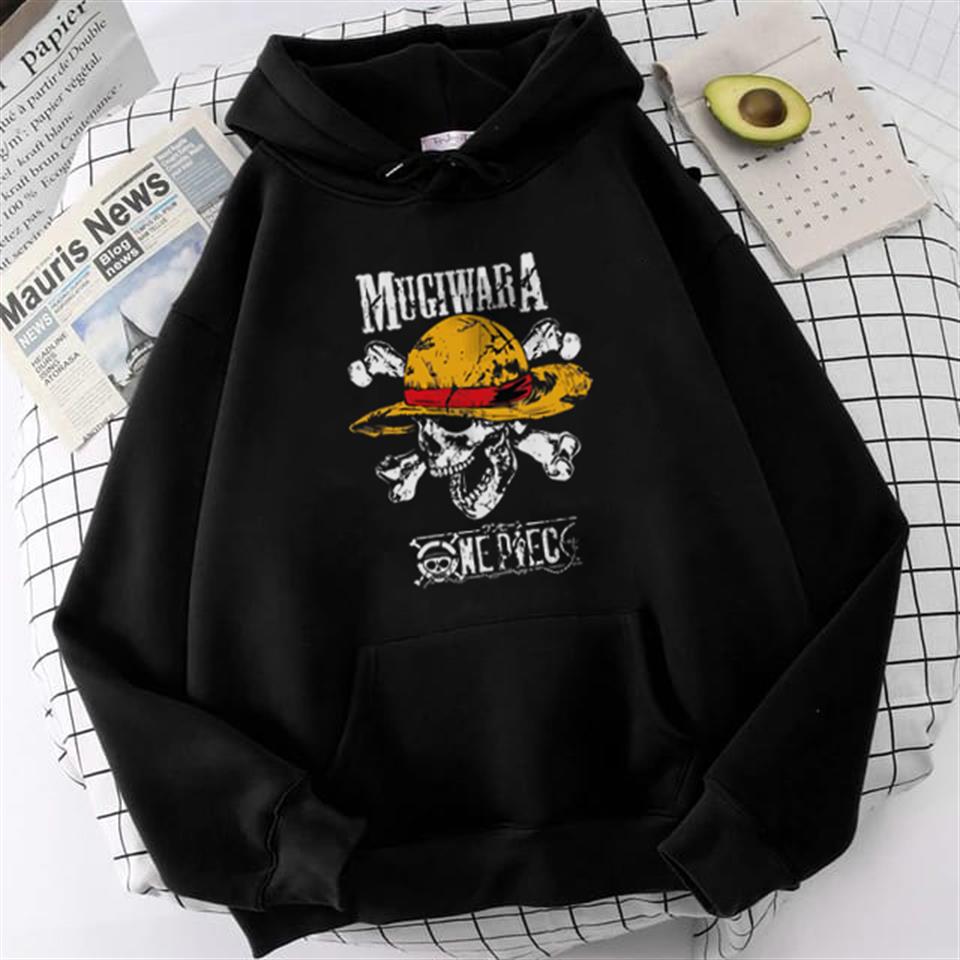 One Piece Mugiwara Baskılı Siyah Unisex Oversize Kapüşonlu Sweatshirt