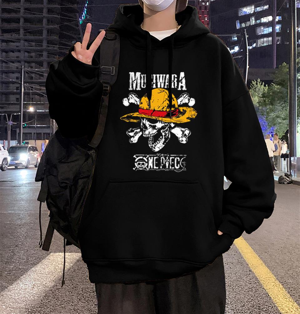 One Piece Mugiwara Baskılı Siyah Unisex Oversize Kapüşonlu Sweatshirt