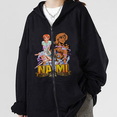 One Piece Nami Baskılı Oversize Fermuarlı Siyah Unisex Kapüşonlu Hırka