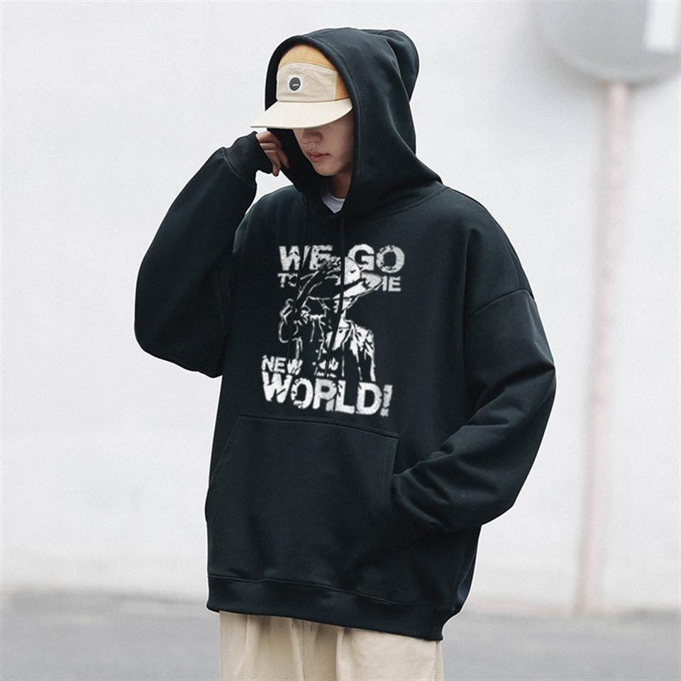 One Piece We Go Baskılı Siyah Unisex Oversize Kapüşonlu Sweatshirt