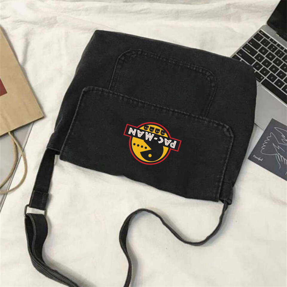 Pac-Man Baskılı Vintage Unisex Gri Kot Postacı Çantası