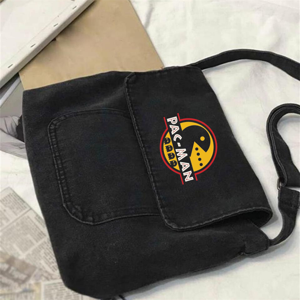 Pac-Man Baskılı Vintage Unisex Gri Kot Postacı Çantası