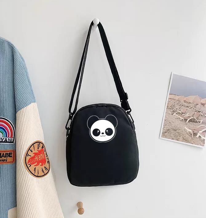 Panda Face Baskılı Fermuarlı Unisex Kanvas Siyah Omuz Çantası