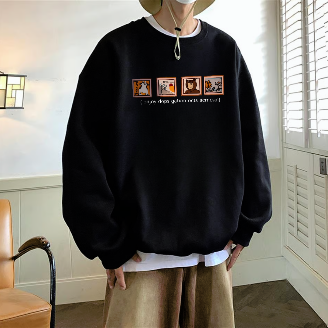 Pictures Baskılı Siyah Unisex Oversize Bisiklet Yaka Sweatshirt