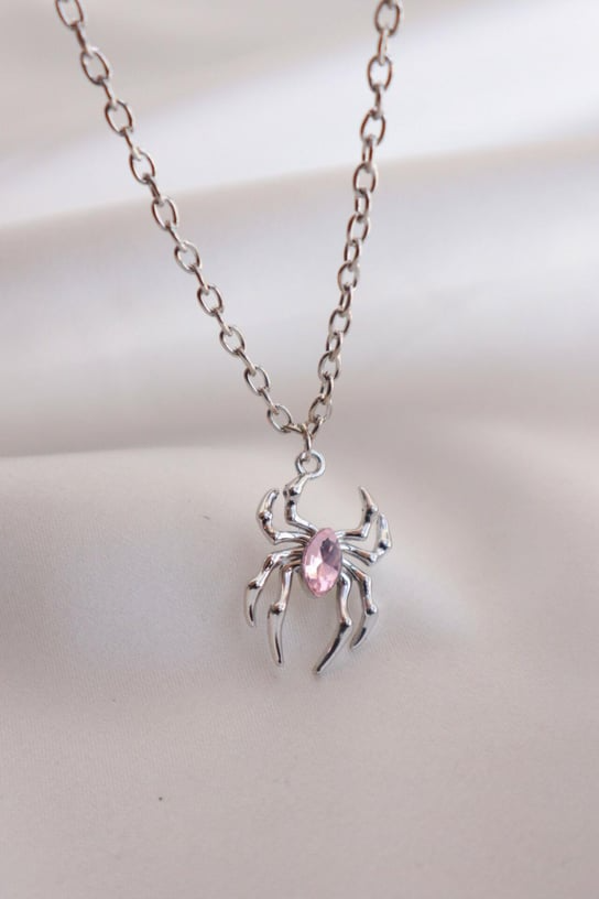 Pink Dark Stone Spider Kolye