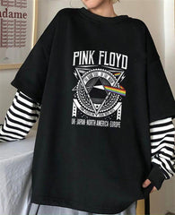 Pink Floyd Baskılı Fake Sleeves Unisex Siyah T-shirt