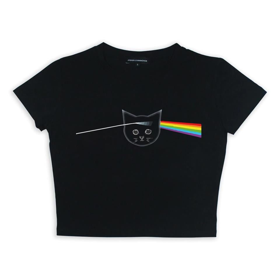 Pink Floyd Cat Baskılı Siyah Crop