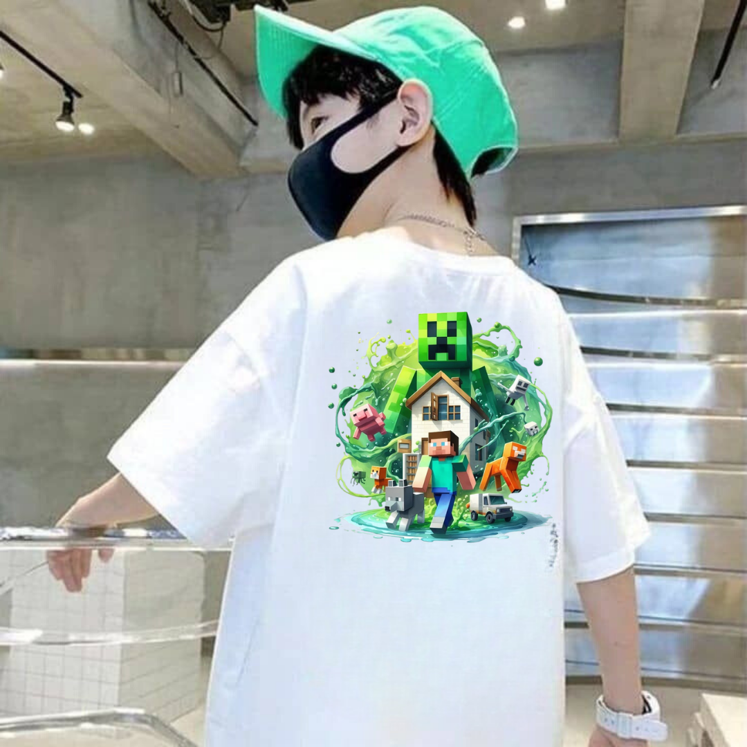 Pixel Minecraft Beyaz Kids Baskılı T-shirt