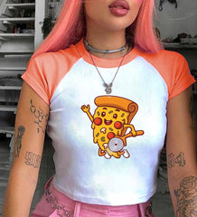 Pizza Baskılı Reglan Kol Beyaz Crop