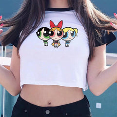 Powerpuff Girls Baskılı Reglan Kol Beyaz Crop