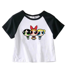 Powerpuff Girls Baskılı Reglan Kol Beyaz Crop