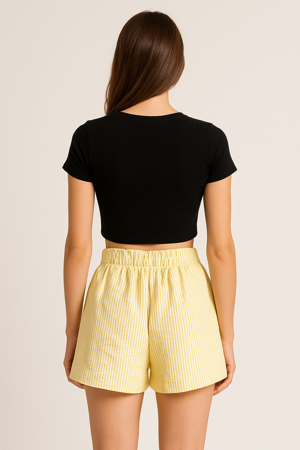 Çizgili Belden İp Detaylı Pileli Şort Etek