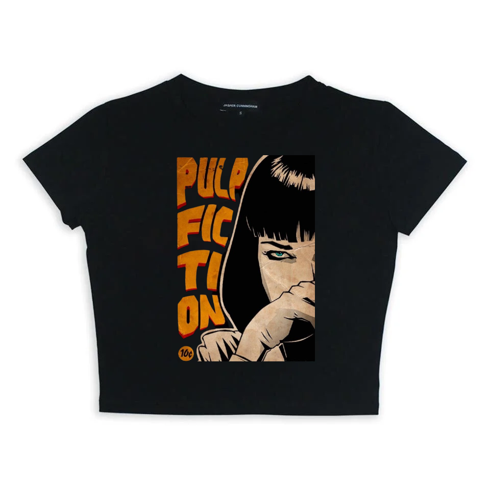 Pulp Fiction Baskılı Siyah Crop