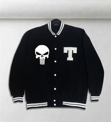 Punisher Baskılı Unisex Oversize Siyah Kolej Ceket