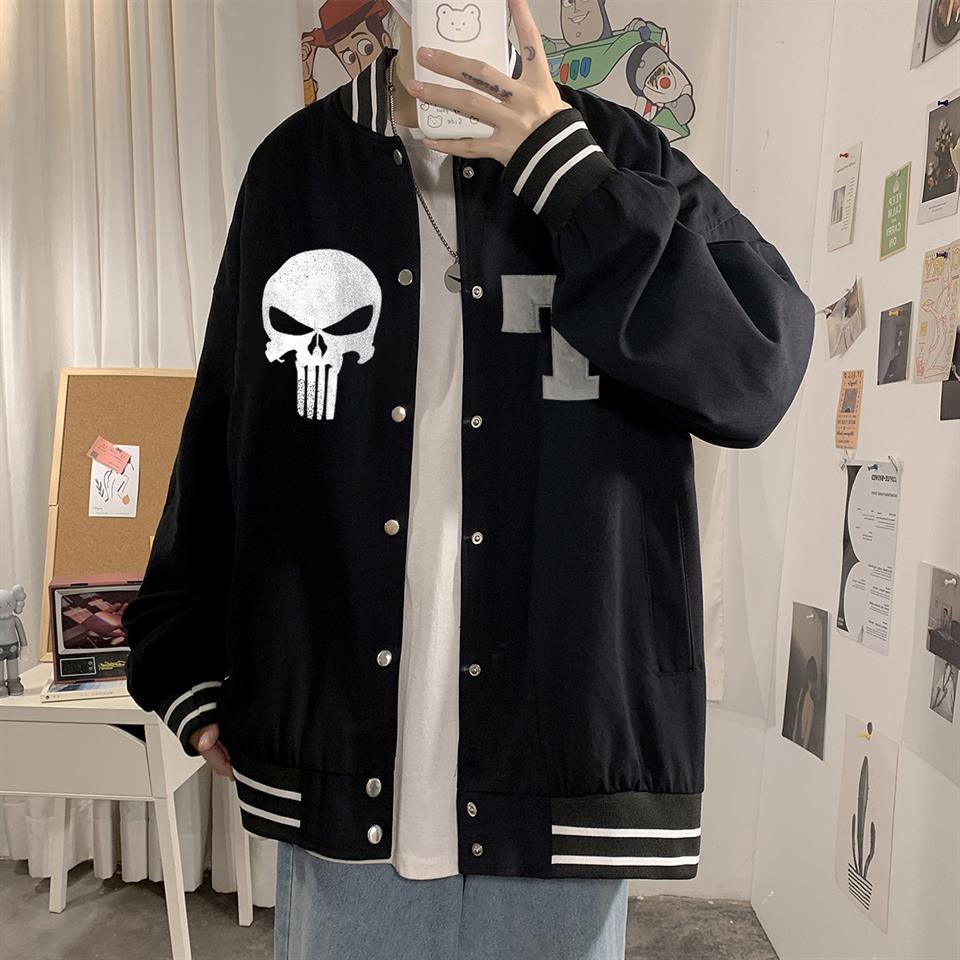 Punisher Baskılı Unisex Oversize Siyah Kolej Ceket