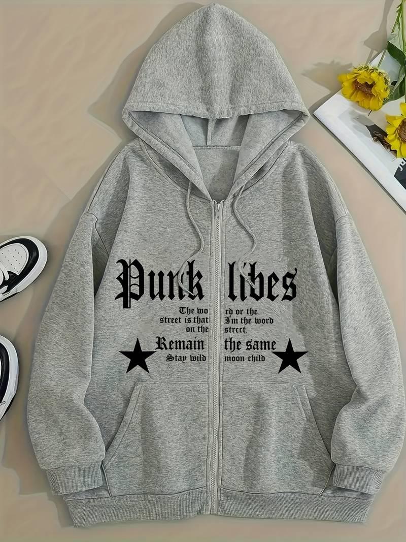 Punk Libes Baskılı Oversize Fermuarlı Gri Unisex Kapüşonlu Hırka