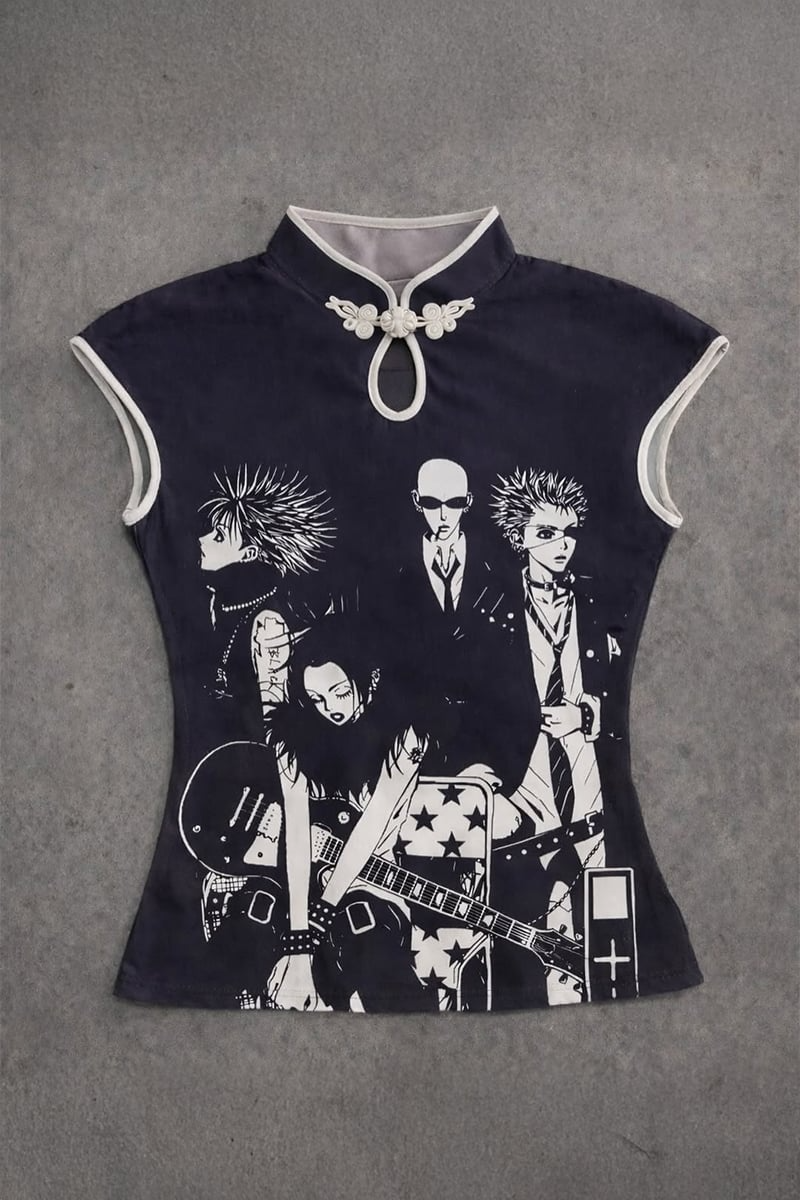 Siyah Anime Nana Qipao Vintage Y2K Kısa Kollu Crop