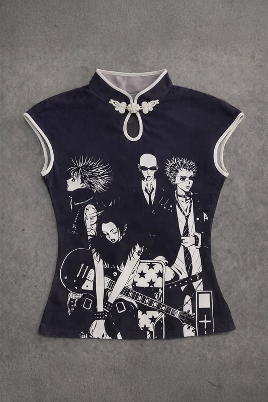 Siyah Anime Nana Qipao Vintage Y2K Kısa Kollu Crop