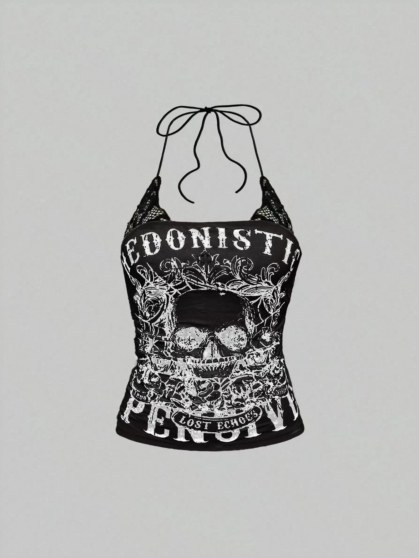 Grunge Punk Y2K Punk Skeleton Kafatası Baskılı Kontrast Dantel Kolsuz Yelek