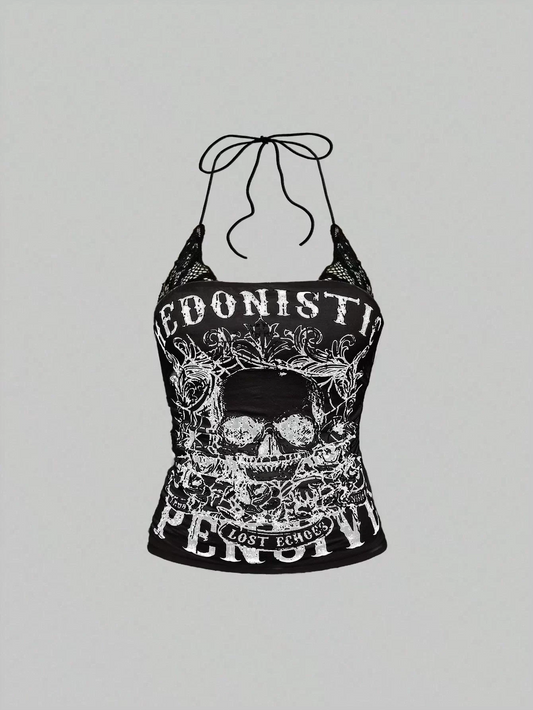 Grunge Punk Y2K Punk Skeleton Kafatası Baskılı Kontrast Dantel Kolsuz Yelek