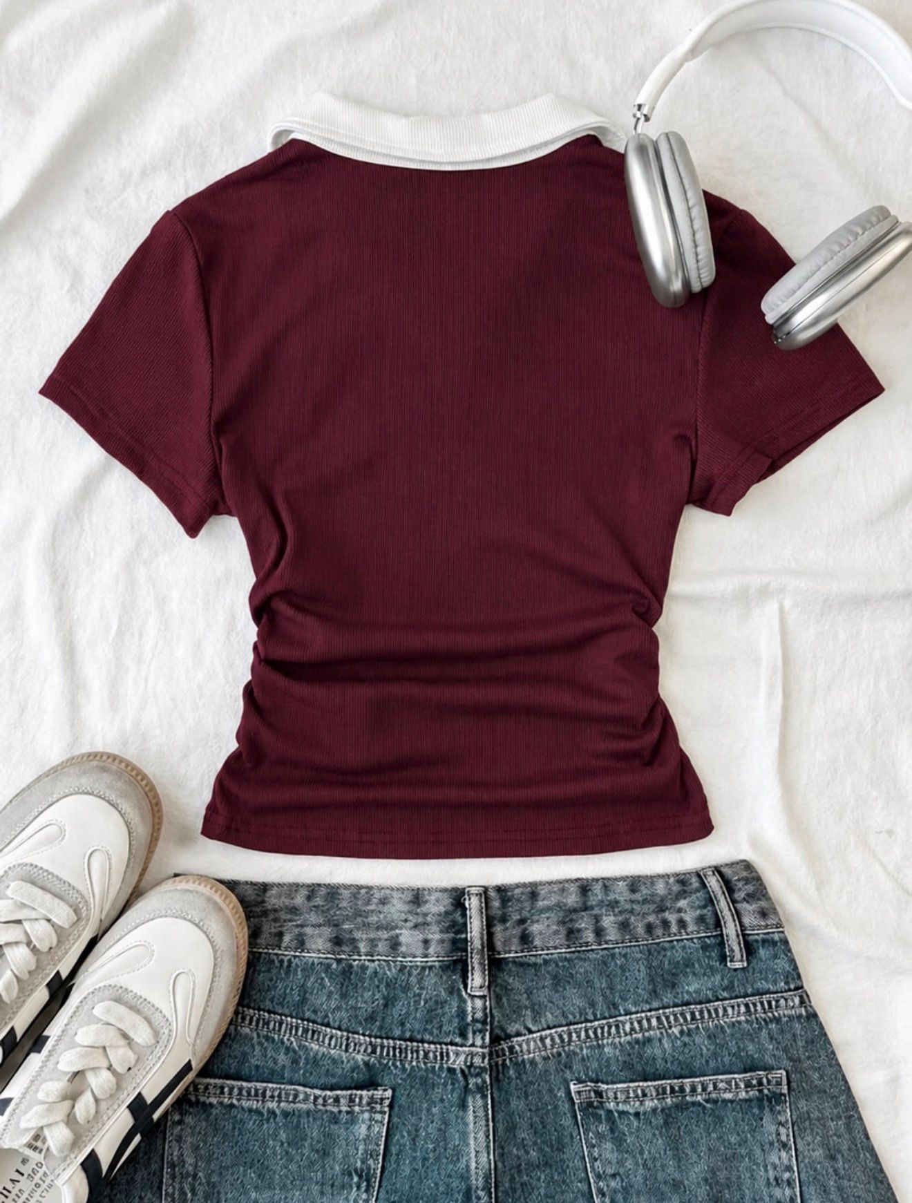 Solo Polo Yaka Bordo Nakışlı Büzgülü Bluz