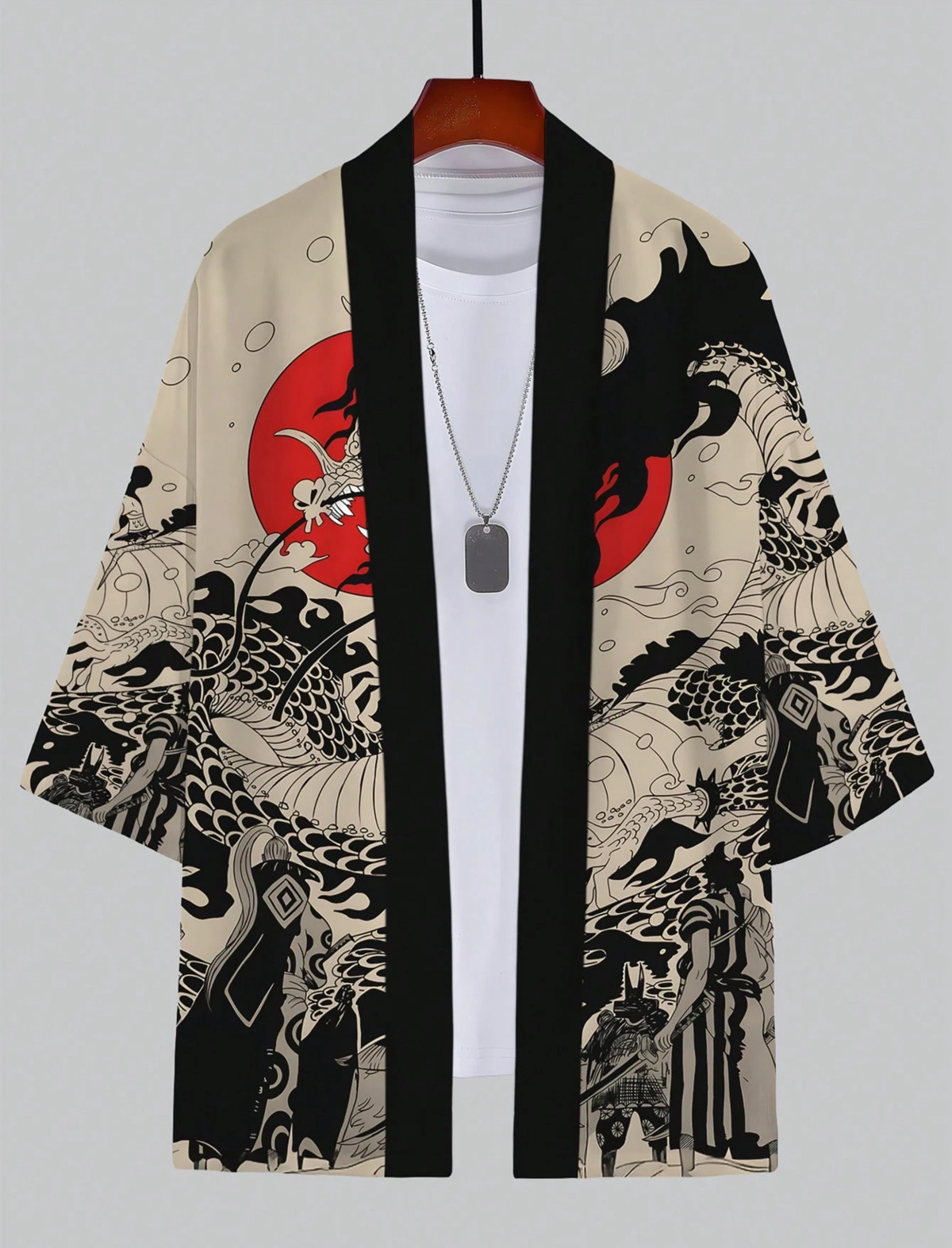 Retro Dragon Design Red Black Detaylı Unisex Kimono