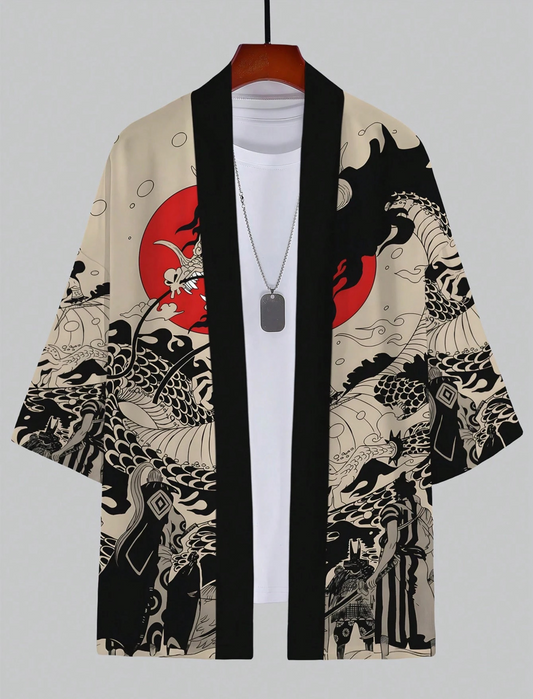Retro Dragon Design Red Black Detaylı Unisex Kimono