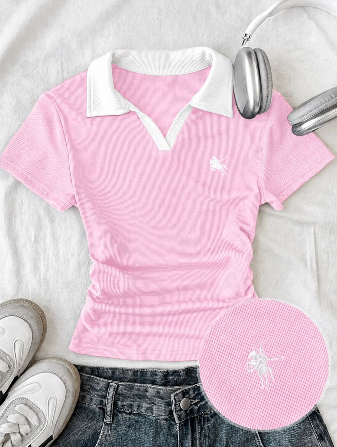 Solo Polo Yaka Pembe Nakışlı Büzgülü Bluz
