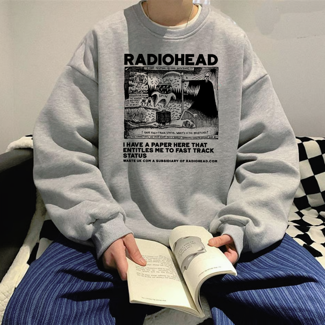 Radio Heat Baskılı Gri Unisex Oversize Bisiklet Yaka Sweatshirt